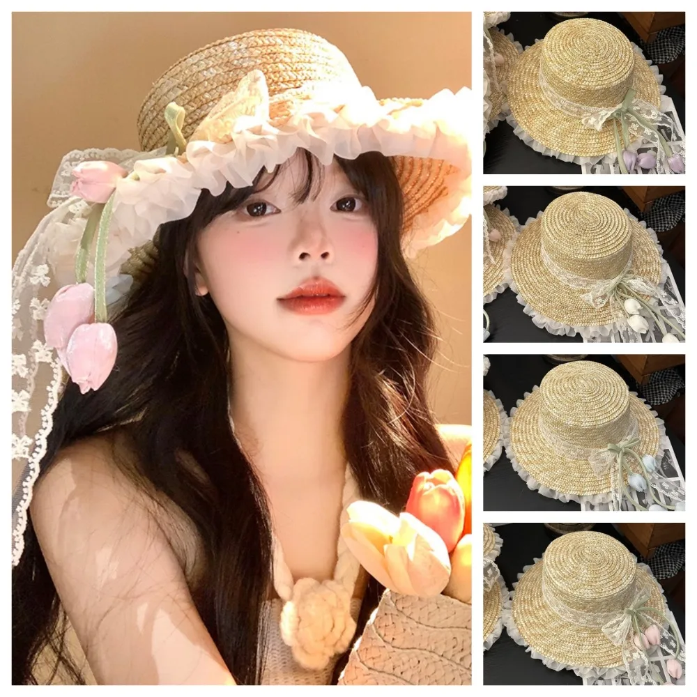 

Sunscreen Lace Bow Straw Hat Flower Wide Brim Outing in Spring Tulip Hat Weave UV Protection Summer Beach Sun Hat Beachside