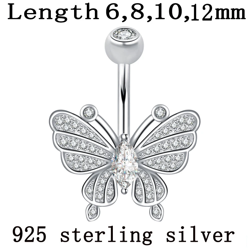 

Butterfly Belly Button Ring 925 Sterling Silver Whole Navel Umbilical Bar Clear Zirocn Stones Body Piercing Fine Jewelry