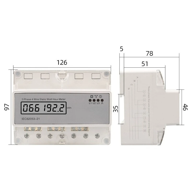 DTS6619-022 Three-phase Liquid Crystal Display Household 380V Rail Type Watt-hour Meter 7P Energy Meter 100A