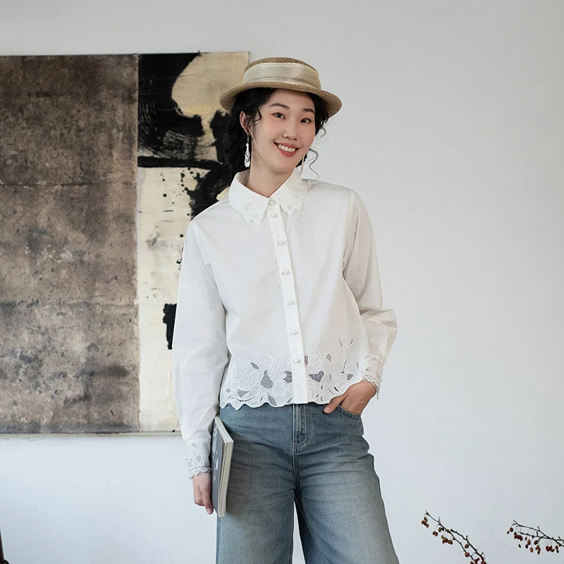 

Элегантная женская рубашка из смесового хлопка с вышивкой и ажурными вставками, длинный рукав, весна 2025, новинка, свободный крой, комфортная, дышащая