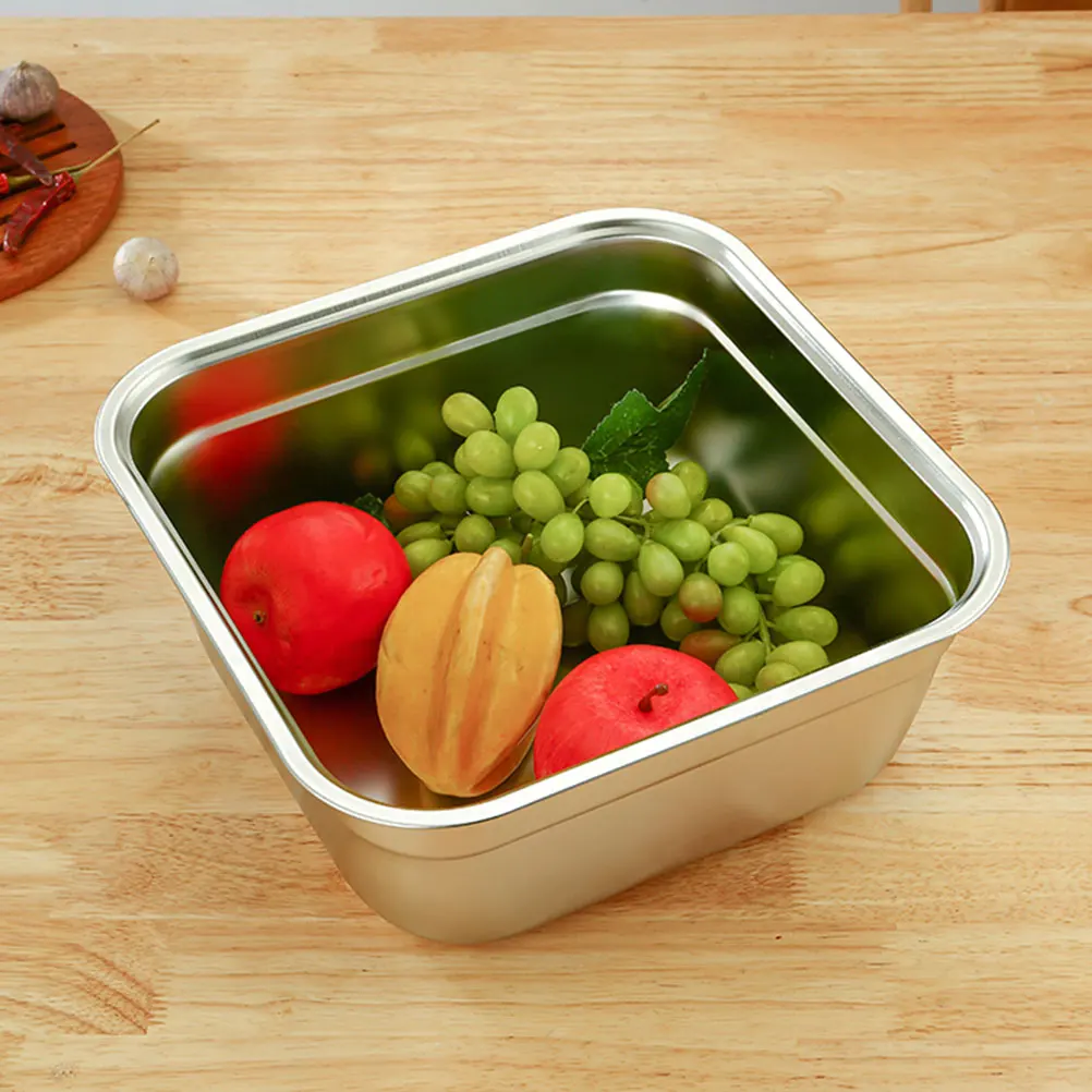 

Thick Stainless Steel Square Deep Basin Metal Washing Bowl Vegetable Fruit Rice Mixing Container Household Kitchen Accessory