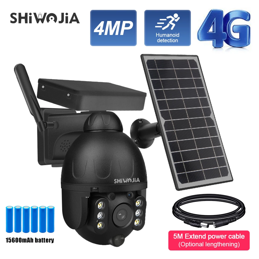 SHIWOJIA 4MP Solar Camera 4G SIM Outdoor Wireless WIFI Solar Security Powered Camera Humanoid Detection Night Vision Waterproof