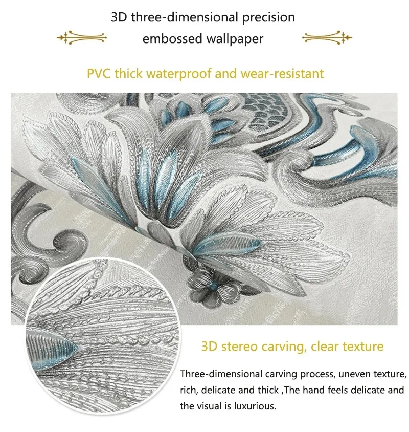 European Style Wallpaper Luxury Living Room Damascus Hotel 3D Embossed Background Paste the Wall Non-Self Adhesive Wallpaper
