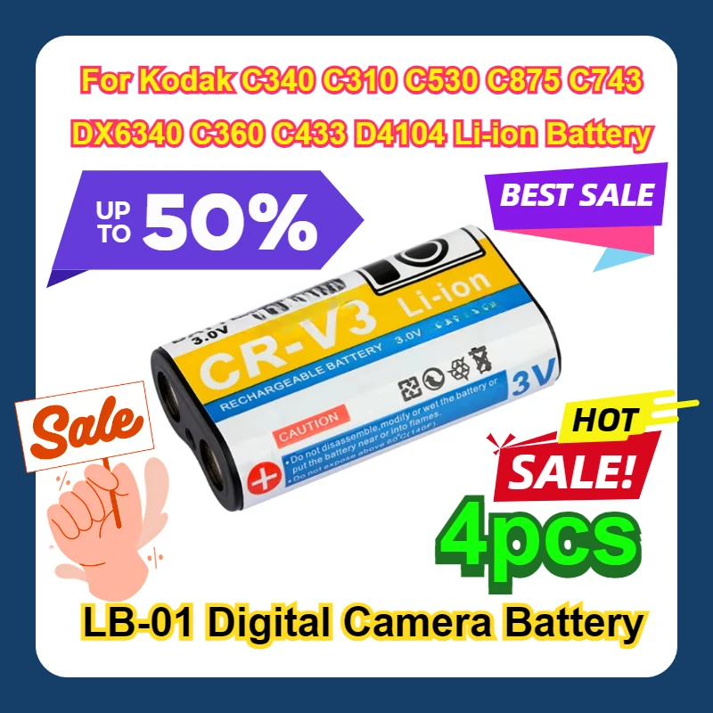 

LB-01 Digital Camera Battery 4pcs For Kodak C340 C310 C530 C875 C743 DX6340 C360 C433 D4104 Li-ion Battery CR-V3 CRV3 CR-V3P