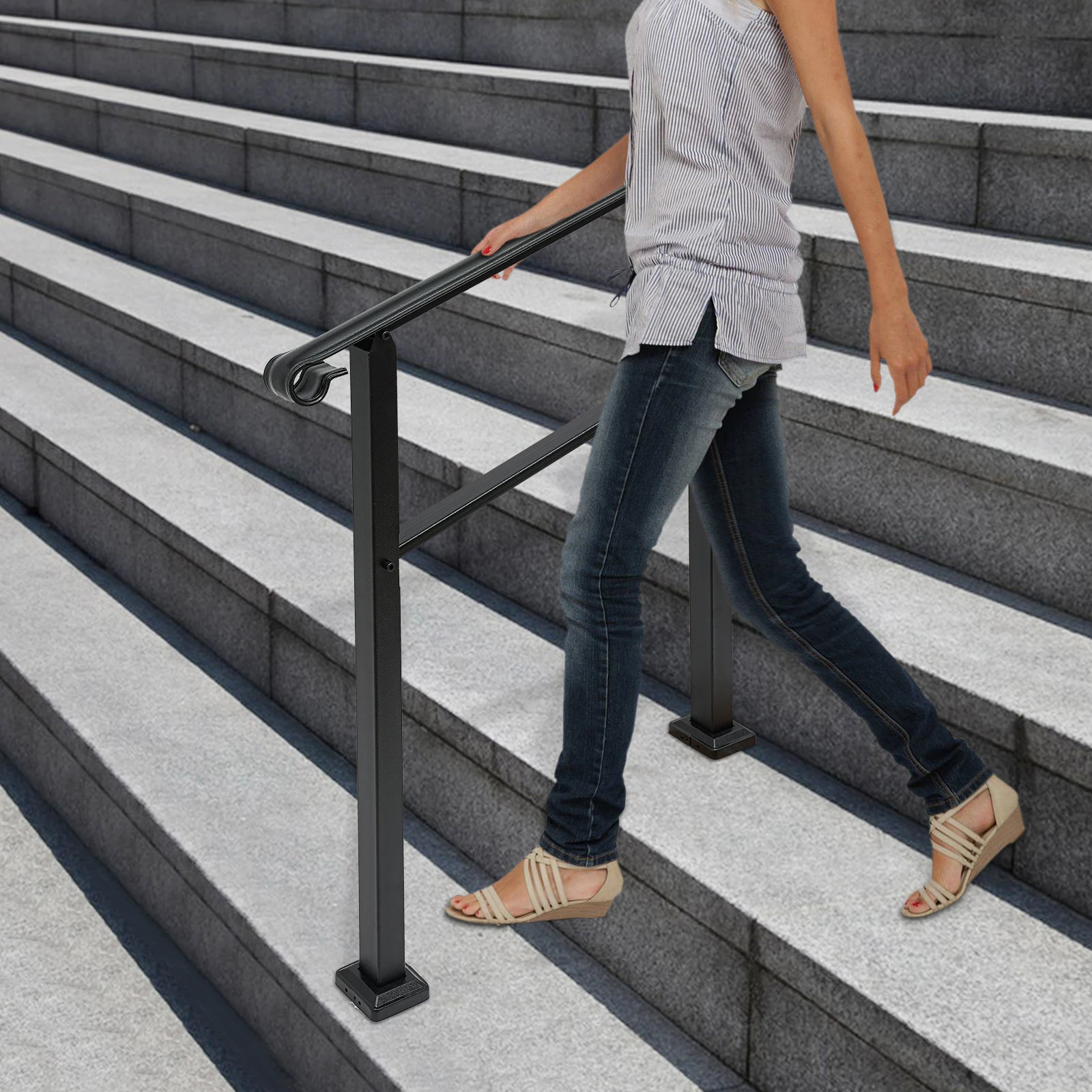 درابزين من الفولاذ الكربوني الأسود بثلاث خطوات 881.8 رطل يحمل الحاملة يمنع السقوط درابزين الدرج سهل التركيب للشرفة/الشرفة/الحديقة #5