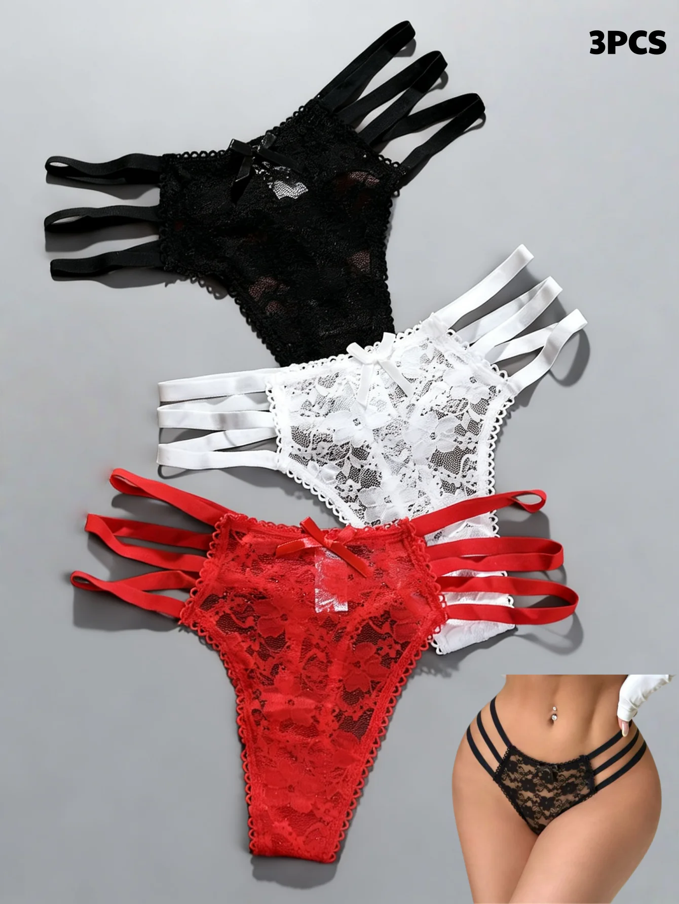 3pcs Hot Sale Women Sexy Lace Thong Panties Low Waist Hollow Breathable T-Back Briefs Thin Straps Underwear Gift for Daily Wear