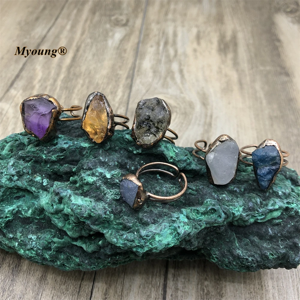 10PCS Soldering Raw Irregular Natural Crystal Quartz Aquamarines Citrines Stone Vintage Ring For Women Boho Jewelry MY220819