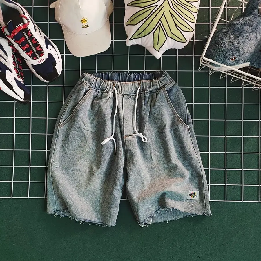 2024 Summer Denim Shorts Drawstring Mens Korean Loose  Denim Shorts Men's Fashion Casual Drawstring Denim Shorts Men Streetwear