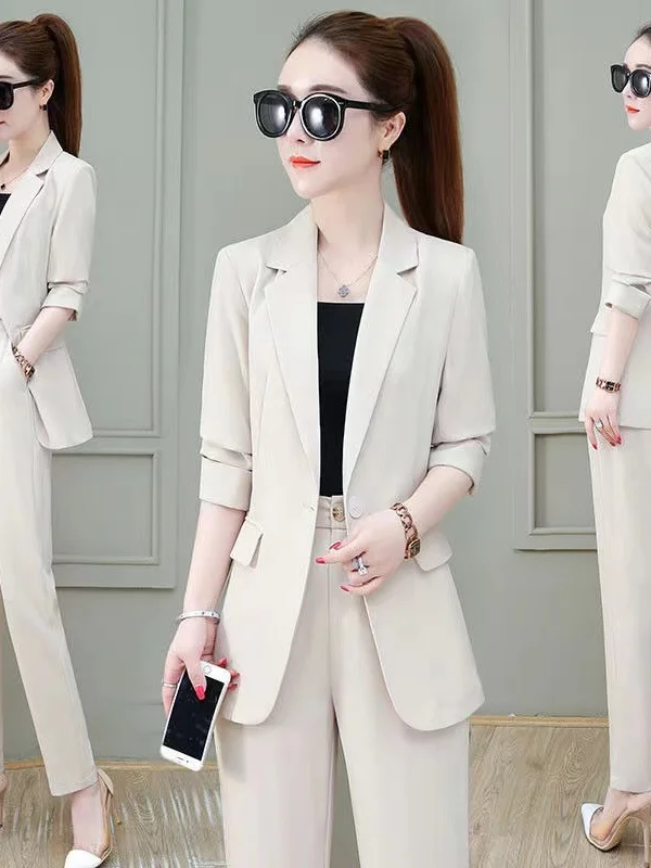 

Ele Long Sve Карьерный костюм, комплект футболок, брюки с высокой талией, полиэфирная ткань, повседневная застежка на пуговицы, весенне-осенняя одежда