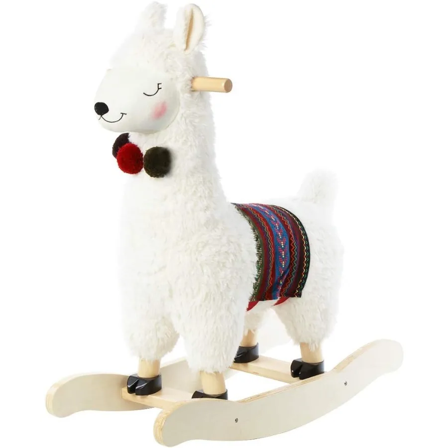 Baby Rocking Horse Wooden, Plush Stuffed Rocking Animals White, Kid Ride on Toys for 1-3 Years Old, Llama Rocking Horse for Girl