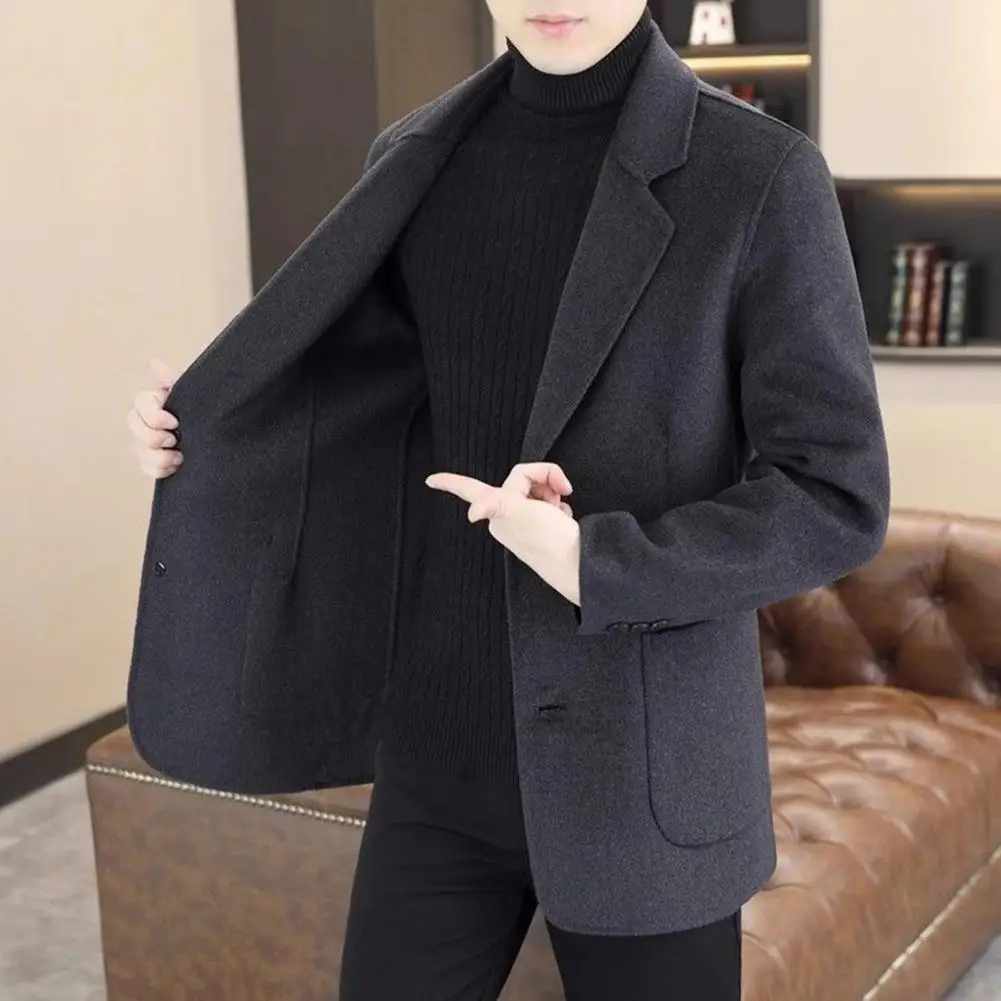 Wool Suit Coat Lapel Long Sleeve Single Breasted Two-Button Jacket with Pockets Solid Color Suit Jacket