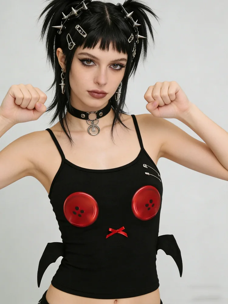 Y2K Punk Devil Wings Cutout Camisole Women Red Button Print Bow Sleeveless Slim Cami Top Gothic E-girl Street Tank Vest