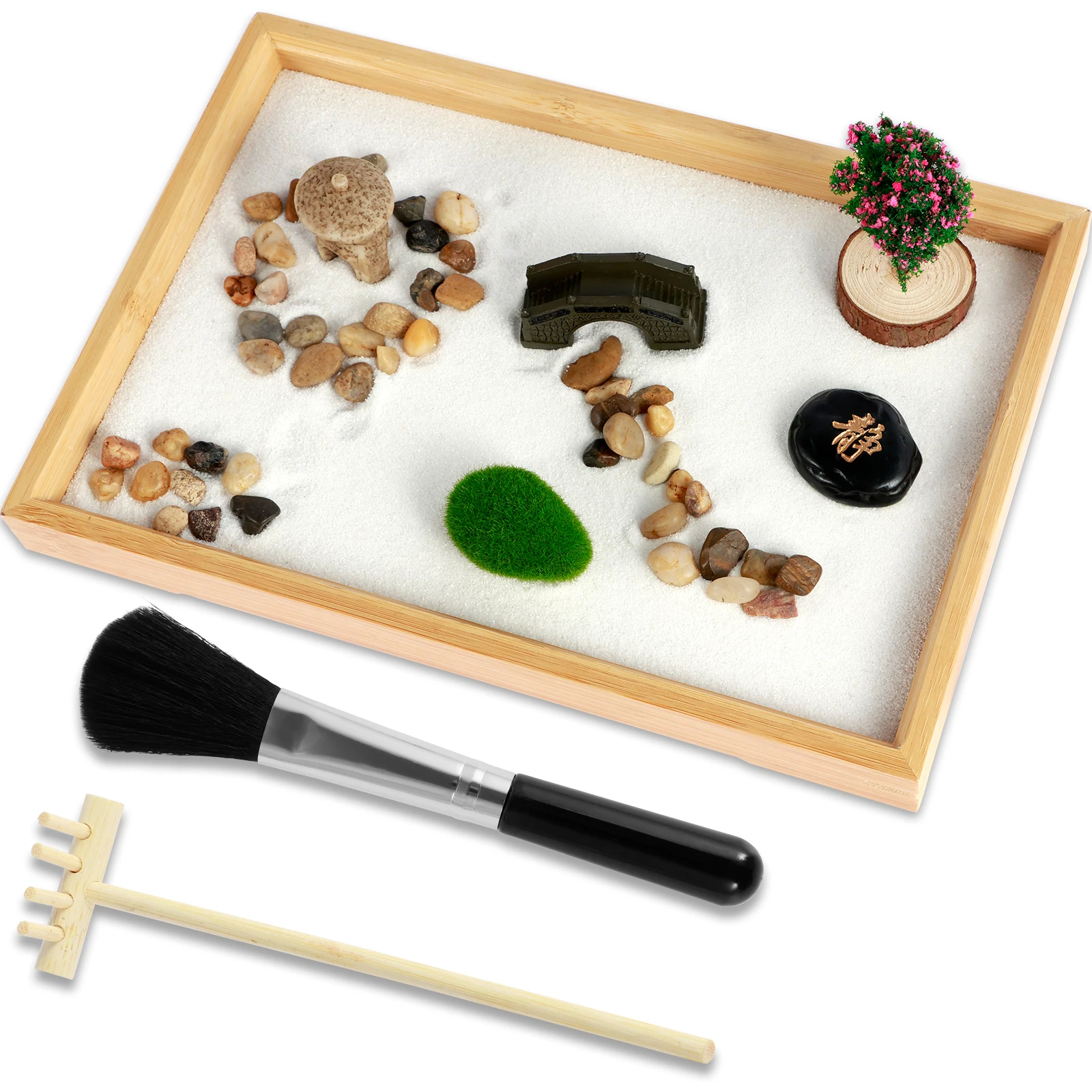 Zen Garden Kit DIY Zen Sand Set Mini Desktop Zen Decor Garden Funny Meditation Zen Sand Gift with Tree Bridge Sand Tray Play Kit