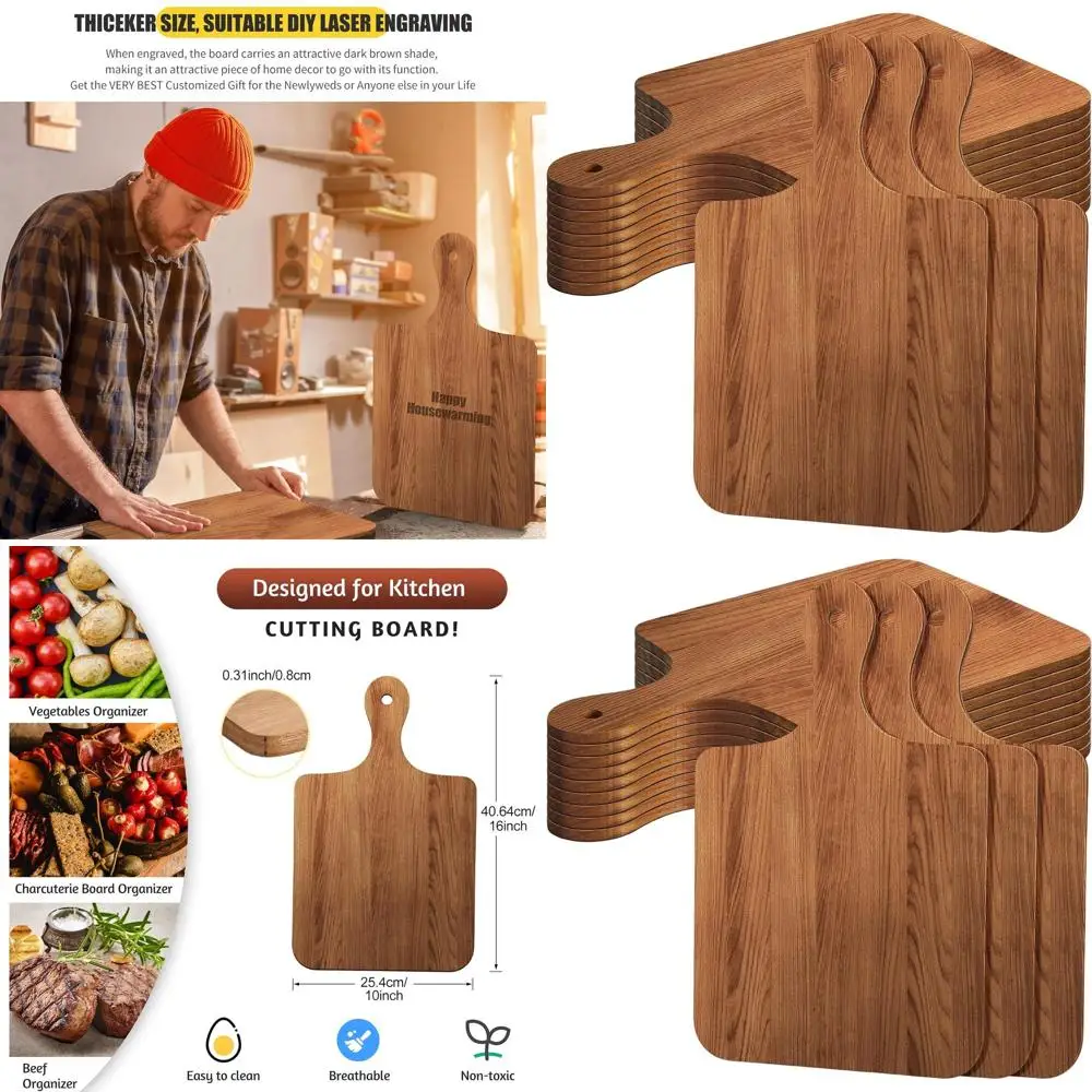 

Set of 12 Acacia Wood Cutting Boards, 16x10, with Handles, Ideal for Laser Engraving, Wedding, Housewarming, and Holiday Gifts