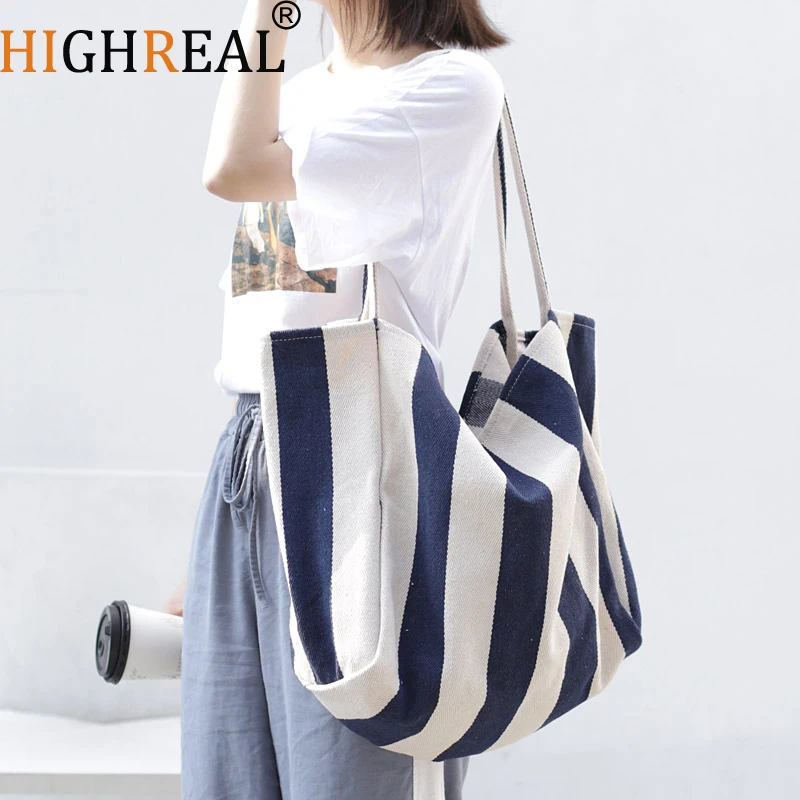 

Повседневная холщовая сумка в полоску для женщин, большая вместительная сумка на плечо, повседневные сумки для покупок, студенческая сумка для книг для школы, путешествий, пляжная сумка
