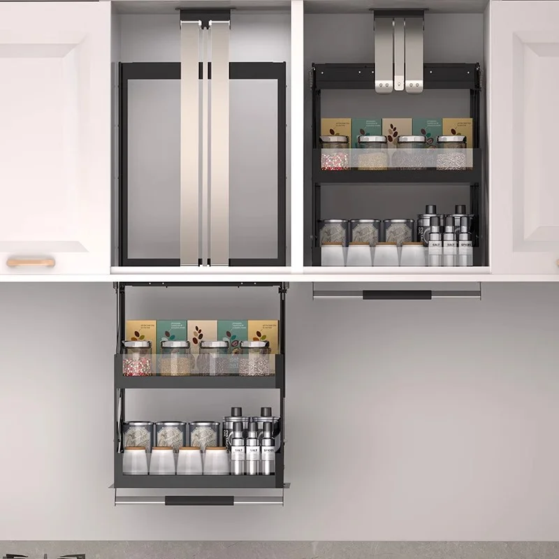 Cabinet hanging cabinet lifting basket kitchen vertical pull-down type up and down buffer seasoning rack kitchen storage
