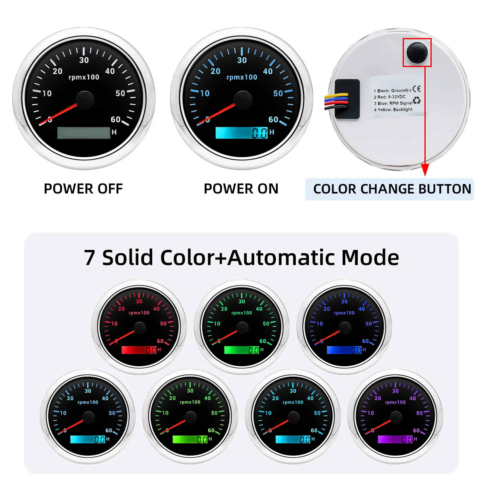 85MM Tachometer 7Colors Backlight 3000RPM-8000RPM Car RPM Gauge Tachometer Sensor  with Digital Hourmeter 12V 24V