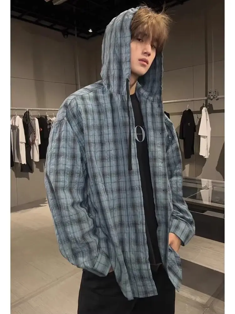 

Long Sleeved Sun Protection Clothing For Men Women, Summer American Retro Plaid outdoor Lightweight Hooded Fishing Shirt