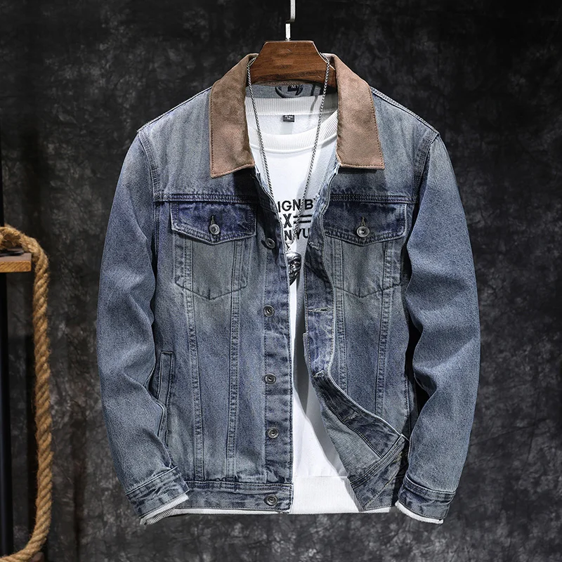 

New spring, autumn and winter models Contrasted lapel denim jacket for men Fashion retro men's jacket