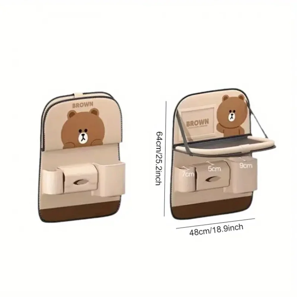 1Pc·Brown Bear Car Seat Back Storage Bag (with Tissue Box Holder) Square Pu Leather Multifunctional Storage Bag