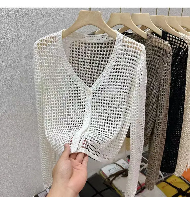 

Полая сетчатая солнцезащитная куртка из ледяного шелка для женщин, летняя верхняя одежда с длинными рукавами и небольшой шалью, вязаный кардиган