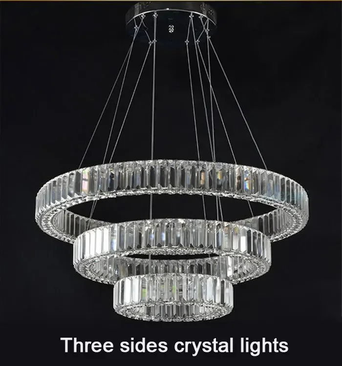 

Crystal Lustres LED Chandelier Lighting Villa Living Room Long Crystal Ring Diamond Three Sides Hotel Industrial Led Lamp