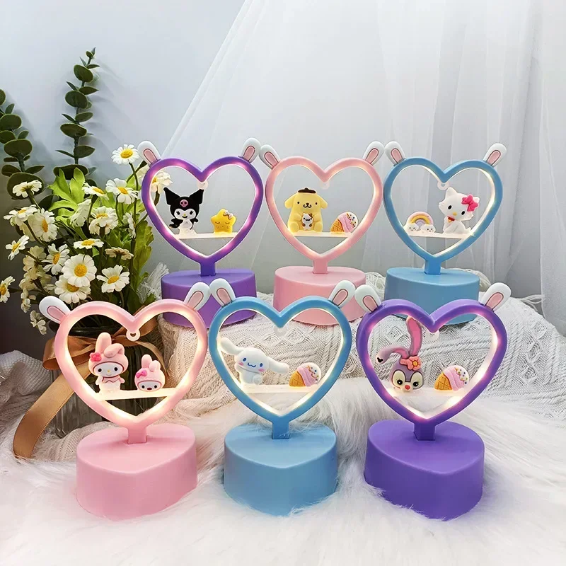 Kawaii Night Light My Melody Cinnamoroll Kuromi Hello Kitty Heart-Shaped Atmosphere Light Bedroom Mini Decorative Lamp Gifts