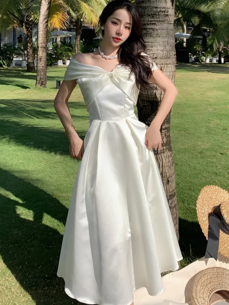 

Summer Elegant White Midi Dresses for Women Wedding Evening Party Prom Robe Slash Neck A-line Strapless One Piece Vestido Mujer