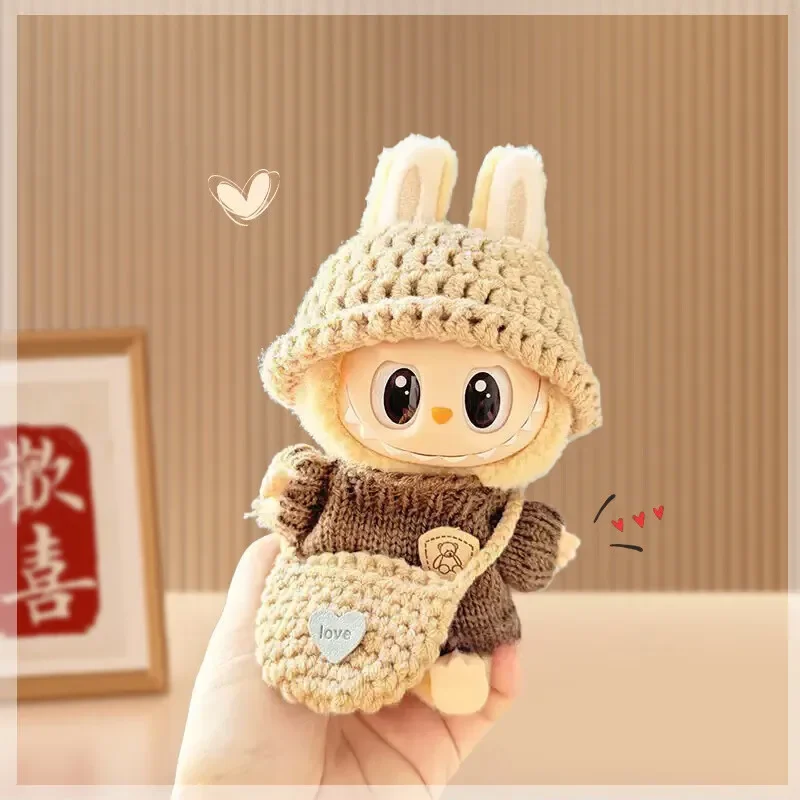 

Без обуви, шапка-свитер ручной вязки и рюкзак для одежды Labubu 17 см, подходит для V1 V2 V3 Labubu, милый вязаный комплект аксессуаров