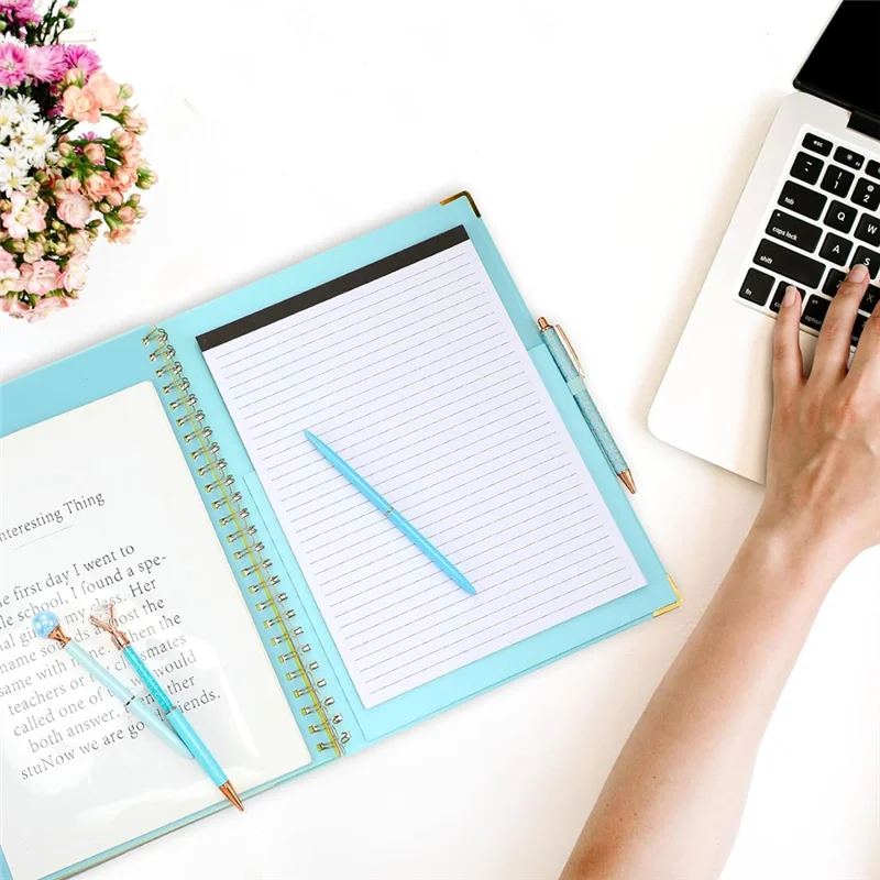 QWE-многоразовый блокнот, набор шариковых ручек, 5 приложений с 10 карманами для хранения, буфер обмена, переплет, ручка с кристаллами и бриллиантами для школы