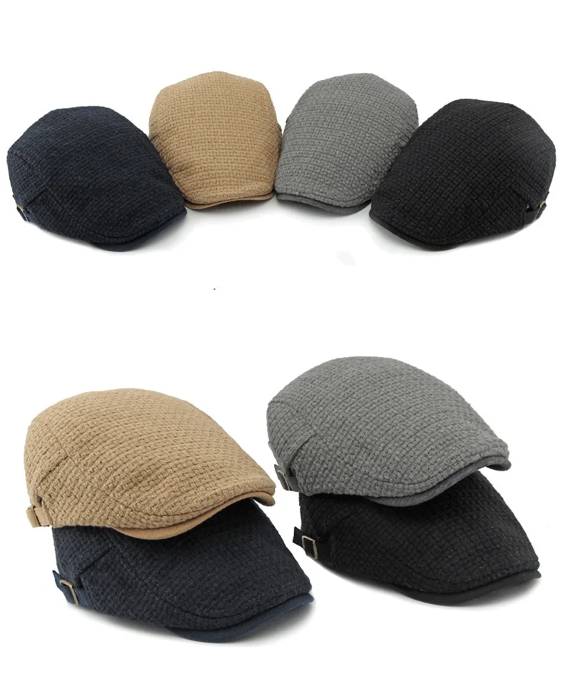 Autumn Flat Peaked Cap For Men Solid Knit Beret Hat Women Retro Newsboy Ivy Herringbone Beret Cabbie Forward Hat Adjustable