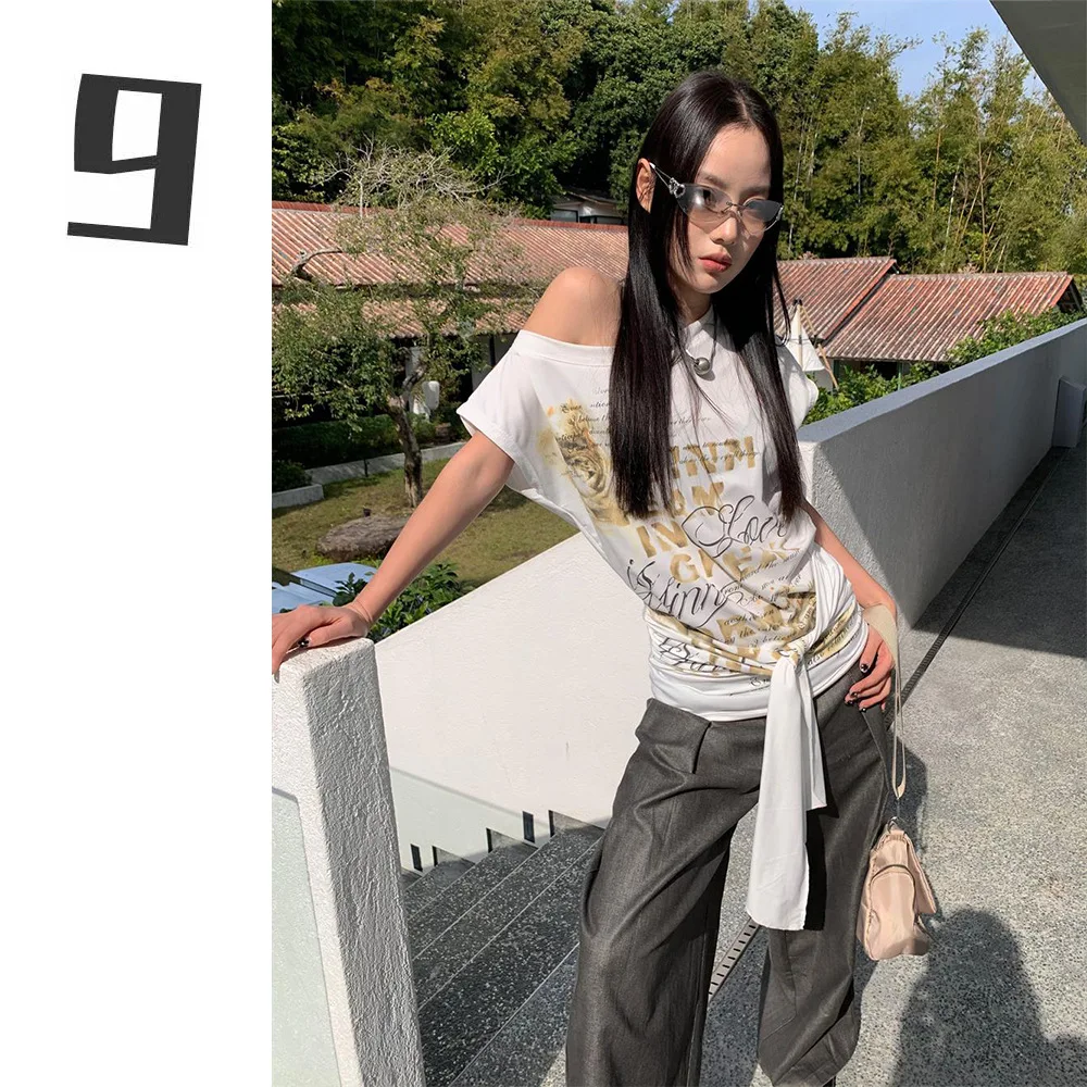 

Niche Slanted Shoulder Fake Two-piece T-shirt for Women's 2025 Spring Creative Letter Print Top for Women