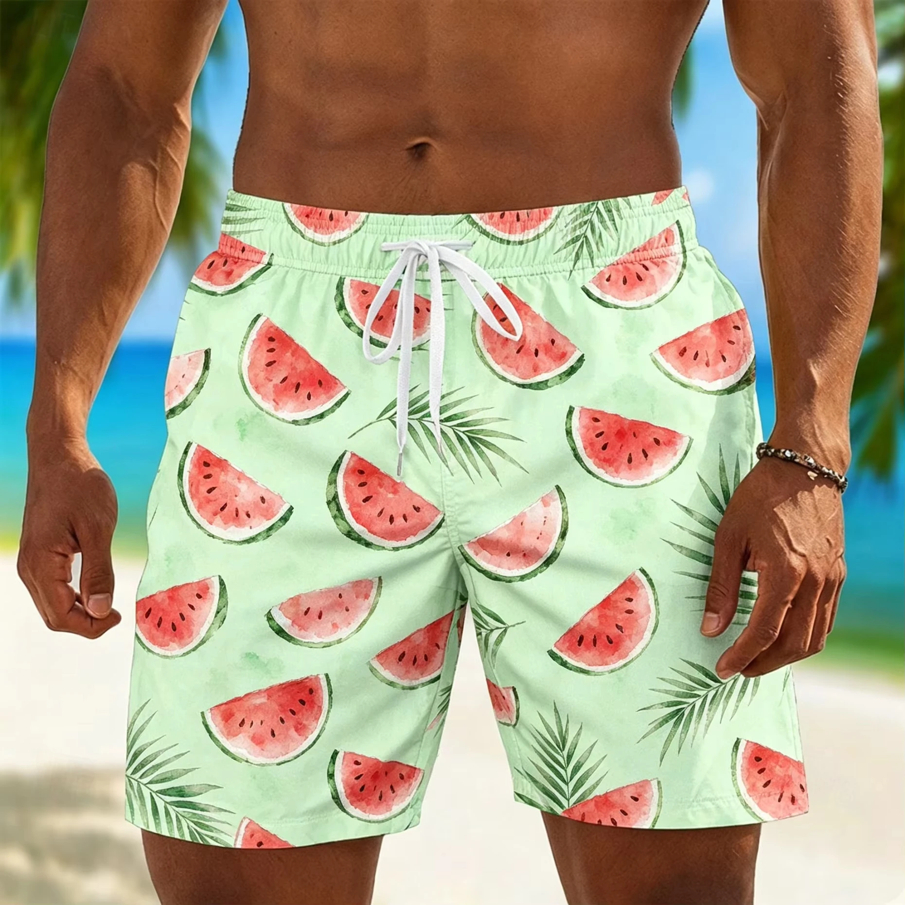 Tropical Fruit Printed Beach Shorts with Watermelon Pineapple Berry Pattern Pocket Swimming Pants Beach Vacation Casual Shorts