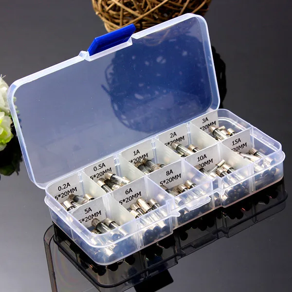 

100Pcs 5x20mm Fast-Blow Glass Tube Fuses Assorted Amp Kit 0.2 to 15A Reliable Circuit Insurance for Car Electronic Devices