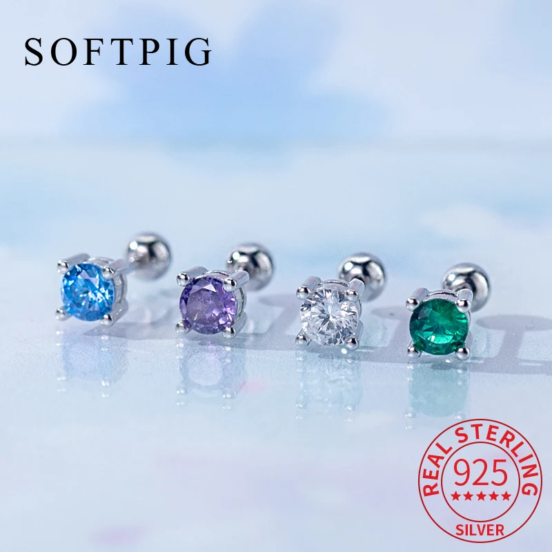 

SOFTPIG Real 925 Sterling Silver Squre Zircon Piercing Screw Bead Stud Earrings for Women Fine Jewelry Exquisite Accessories