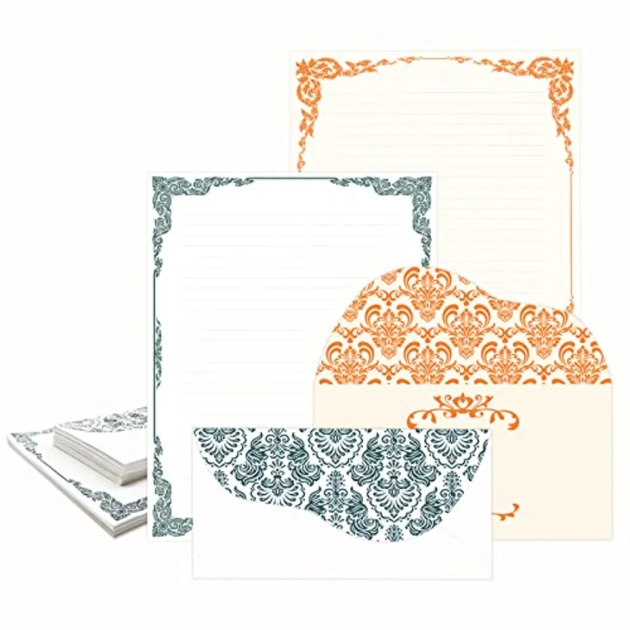 

96 Piece Stationary Set 64 Sheet Paper and 32 Envelope Both Side Line Vintage Ivory Lace pattern 2 Color Navy Orange Gold borde