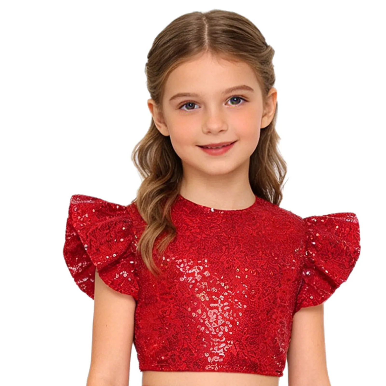 

Girls Disco Jazz Dance Crop Top Outfit Glittery Sequins Crew Neck Ruffled Fly Sleeve Back Hidden Zipper Fully Lined Blouse Top
