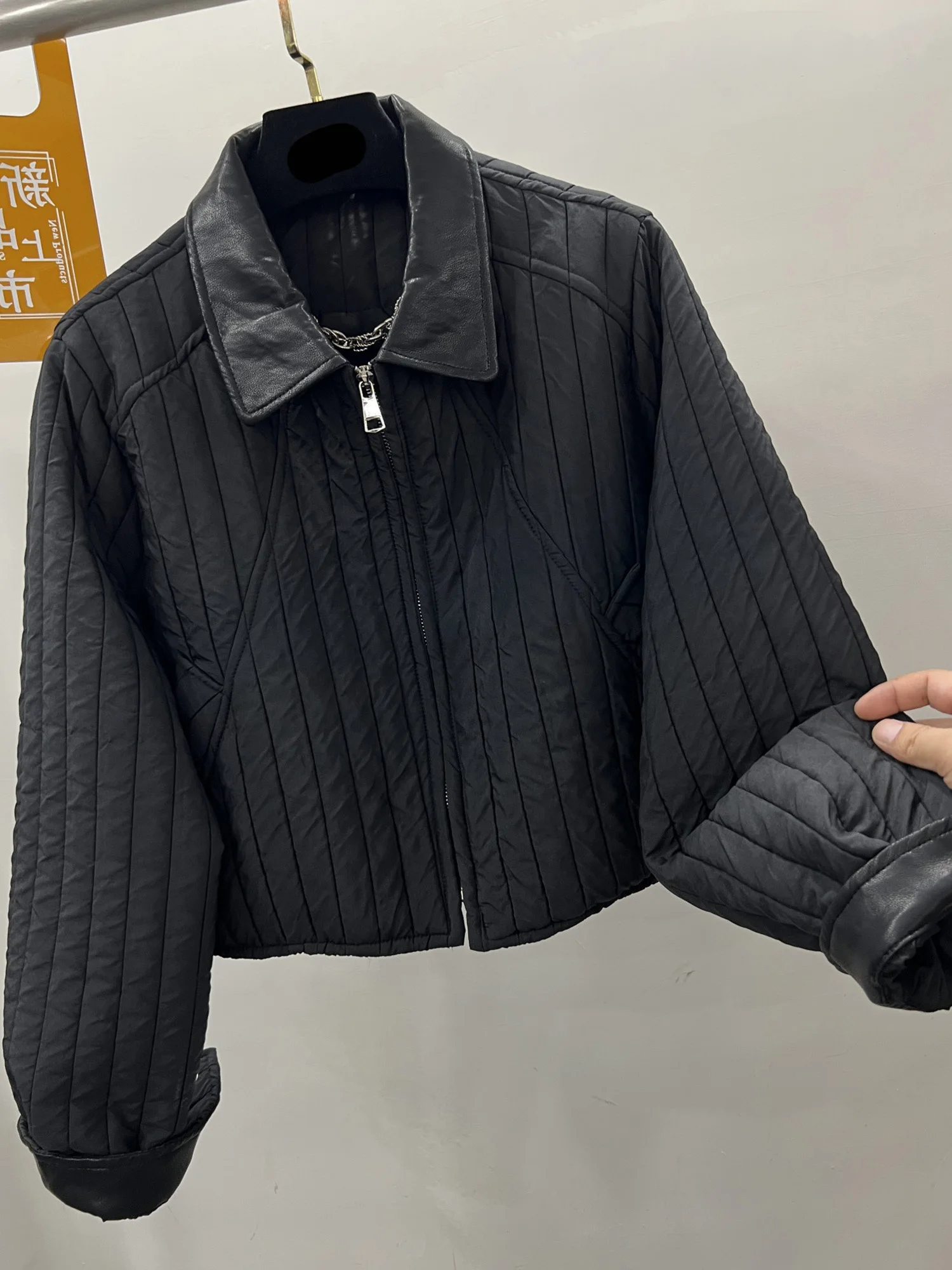 

Casual Lightweight PU Leather Collar Stripe Pattern Cotton Jaet Women's Autumn Winter Faionable Versatile Cotton Coat