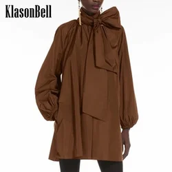 8.23 KlasonBell Women Clothes Fashion Ruched Ribbon Bow Shirt Dress Puff Sleeve Elastic Cuff Loose Commuter A-Line Mini Dress