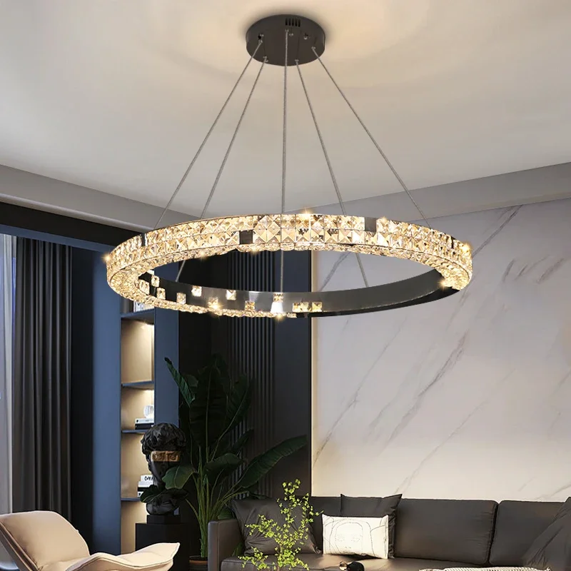 

Round Black Luxury Crystal Chandelier For Living Room Modern Creative Design Hanging Lamp Led Home Decor Bedroom Lighting