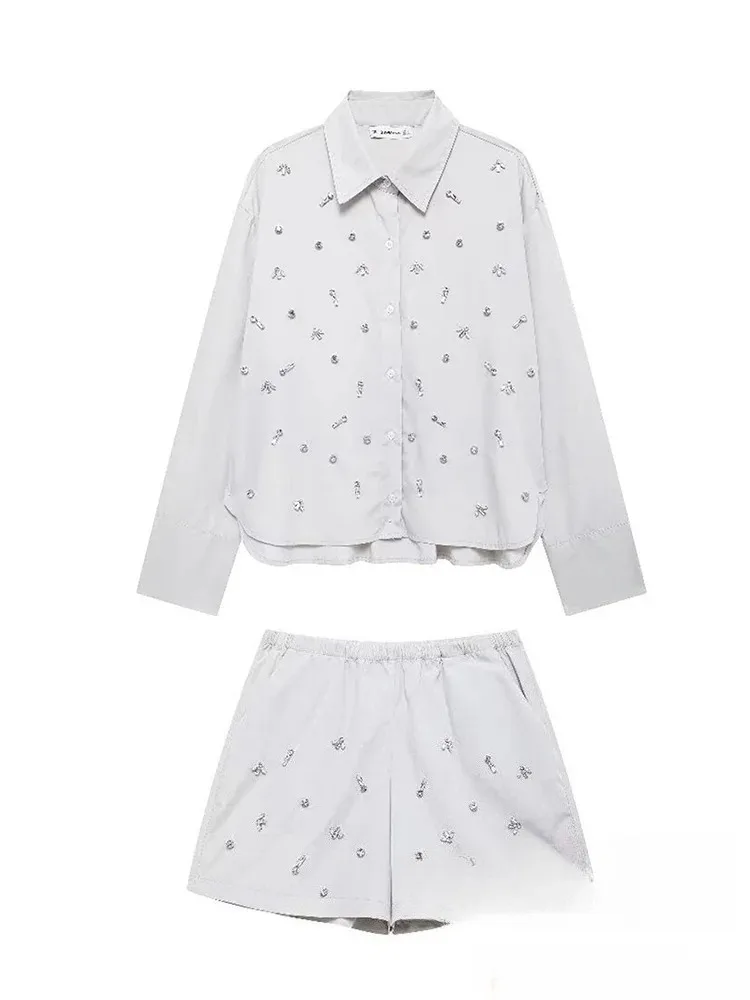 KONDALA Vintage Chic Women Jewels Suit Turn-down Collar Long Sleeve Blouse Straight Loose Shorts New Fashion 2025 Autumn Sets