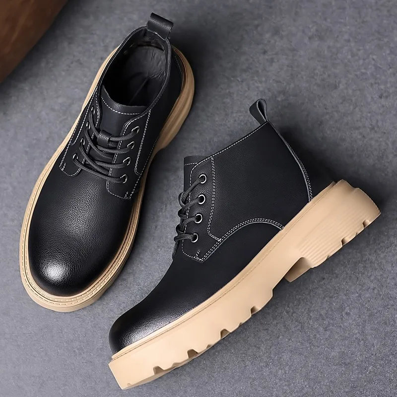 Botas de moto con plataforma de cuero de vaca a la moda para hombre, zapatos de suela blanda para otoño e invierno, botines informales Retro de diseñador para hombre