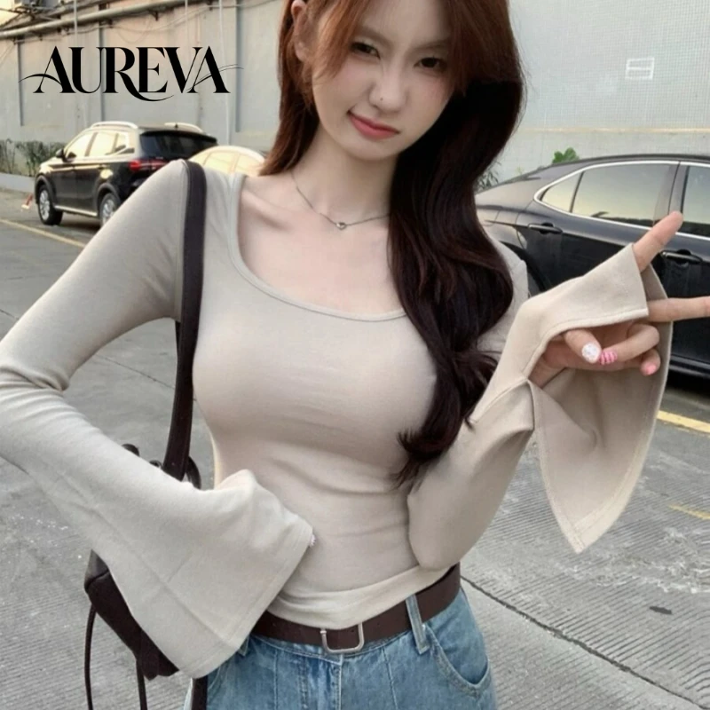 Women's Korean Square Neck T-Shirt Flare Sleeve Padded Shoulder Short Cropped Tops for Autumn Spicy Thin Inner Wear Base Layer