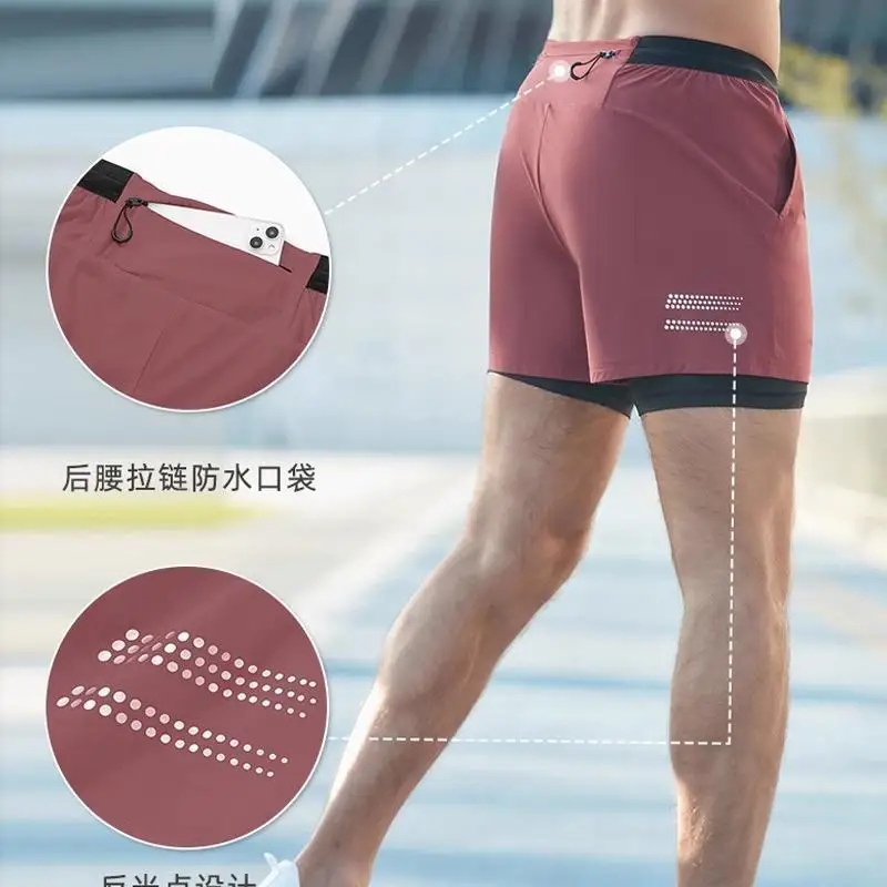 2 In 1 Marathon Running Shorts Quick Dry Long Distance Training Tights With Lining Waist Bag Summer Gym Breathable Shorts