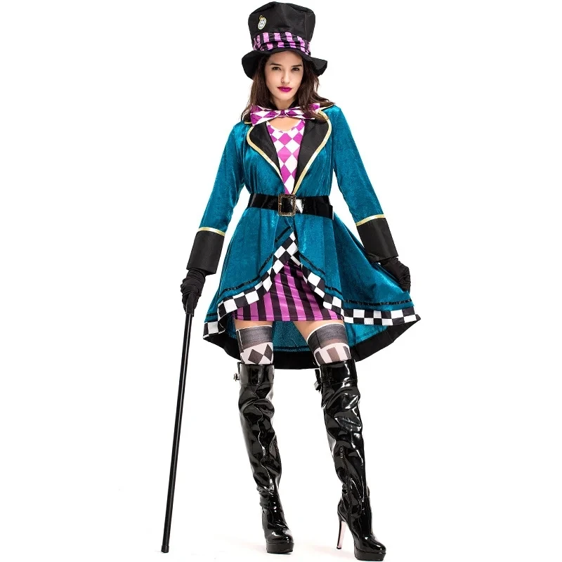 Alice in Wonderland Mad Hatter Costume for Adults Women Fantasias Magician Cosplay Halloween Carnival Party Magic Dress Purim