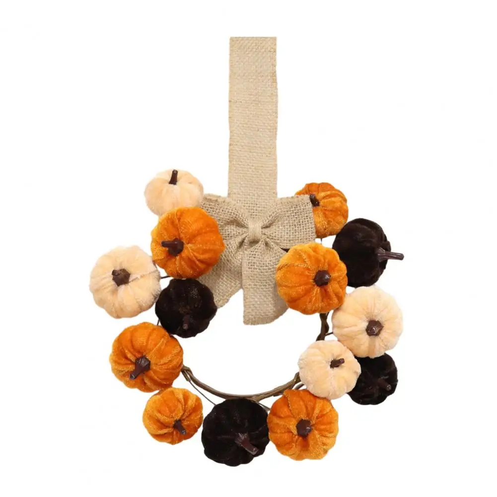 Artificial Velvet Pumpkin Ornament, Fall Harvest Hanging Teardrop Swag With Burlap Bow For Front Door Home Wall Autumn Decor