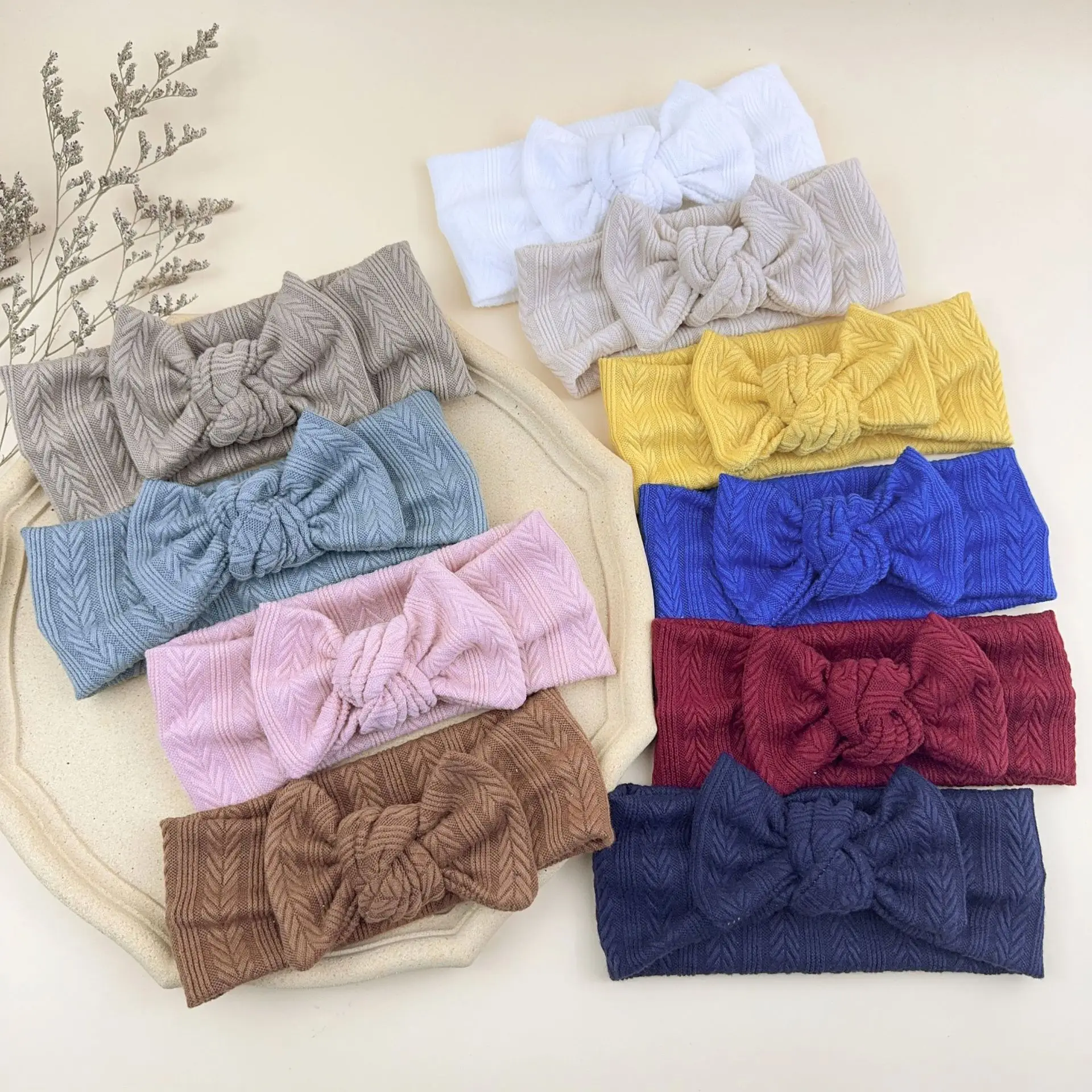 30PC/lot New Cable Knit Bow Headband Baby Solid Bowknot Elastic Hairbands Infant Toddler Cotton Head Wraps Kids Girls Headwear