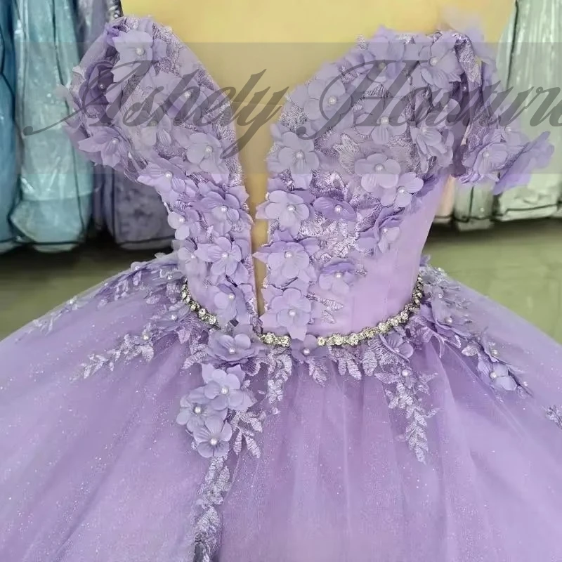 Vestido de Quinceañera Personalizado Color Lila para Mujer, Vestido de Gala con Apliques Florales en 3D para Ocasiones Especiales, Vestido de XV Años para Chicas de 15 y 16 Años