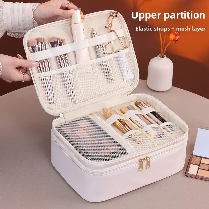 Double Layer Handheld PU Leather Makeup Bag Large Capacity Travel Cosmetic Organizer Toiletry Pouch for Beauty Tools Women
