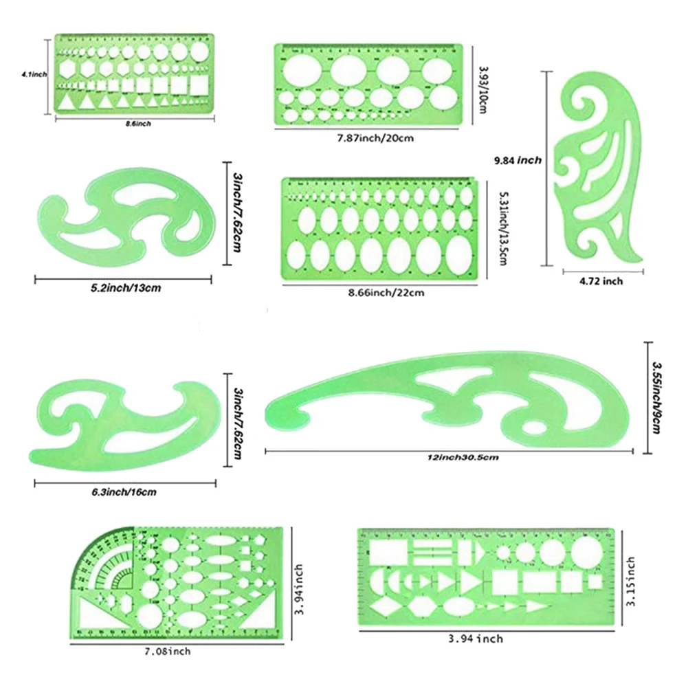 11 szt. Szablonów rysunków linijki uczą się praktycznego pomiaru wielofunkcyjnego zestawu szablonów matematycznych do geometrii